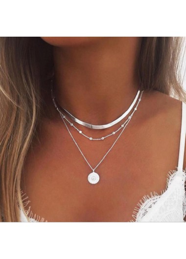 Round Layered Design Alloy Silver Necklace