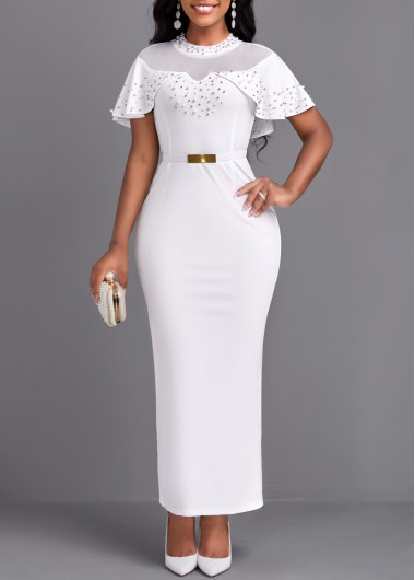 ROTITA Pearl White Belted Round Neck Maxi Bodycon Dress