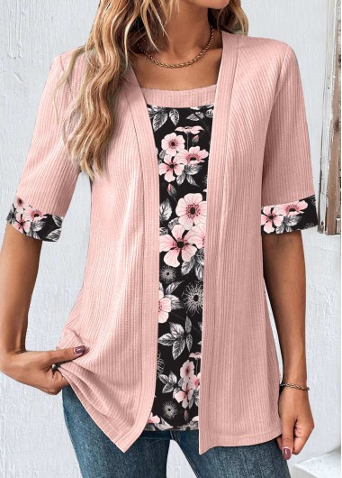 ROTITA Fake 2in1 Floral Print Light Pink T Shirt