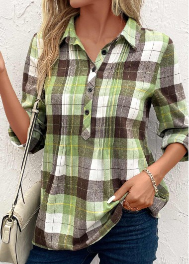 ROTITA Tuck Stitch Plaid Multi Color Shirt Collar Blouse