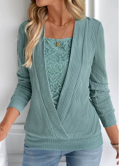 ROTITA Fake 2in1 Square Neck Long Sleeve Turquoise Sweatshirt