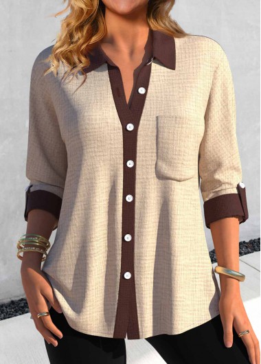 ROTITA Button Light Camel Shirt Collar Pocket Blouse