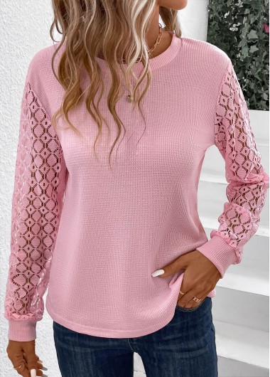 Lace Pink Round Neck Long Sleeve T Shirt