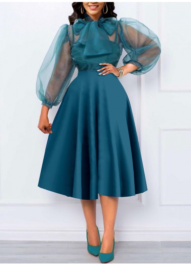 ROTITA Bowknot Mesh Green Tie Collar Dress