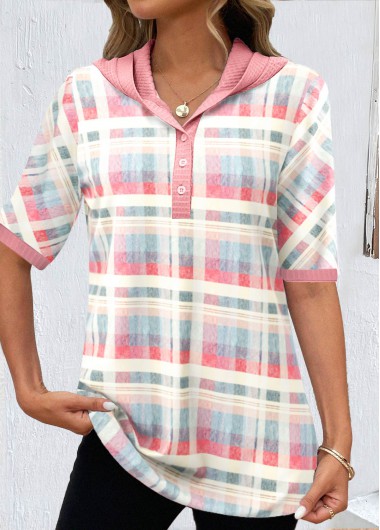 ROTITA Button Plaid Light Pink Hooded T Shirt