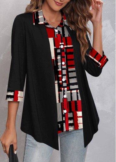 ROTITA Fake 2in1 Geometric Print Black Shirt Collar Blouse