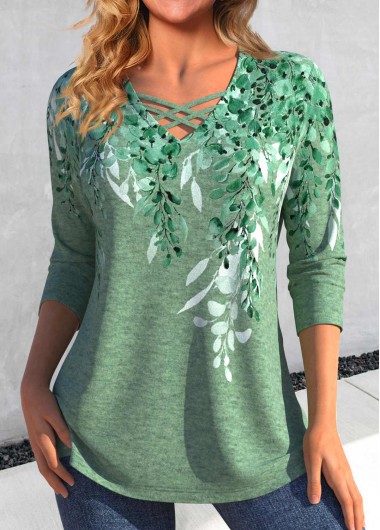 ROTITA Criss Cross Plants Print Green T Shirt