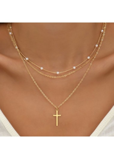 Pearl Detail Cross Gold Alloy Necklace Set