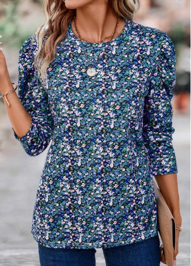 Ruched Ditsy Floral Print Multi Color T Shirt