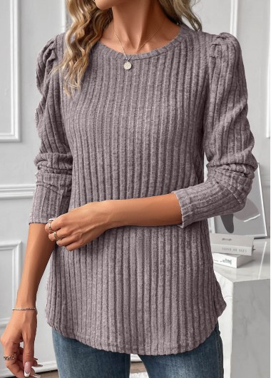 Ruched Grey Round Neck Long Sleeve T Shirt