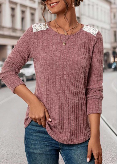 Patchwork Dark Reddish Purple Round Neck T Shirt