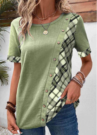 ROTITA Asymmetry Plaid Sage Green Scoop Neck Blouse