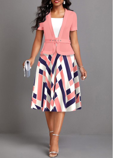 ROTITA Fake 2in1 Geometric Print Pink Belted Dress