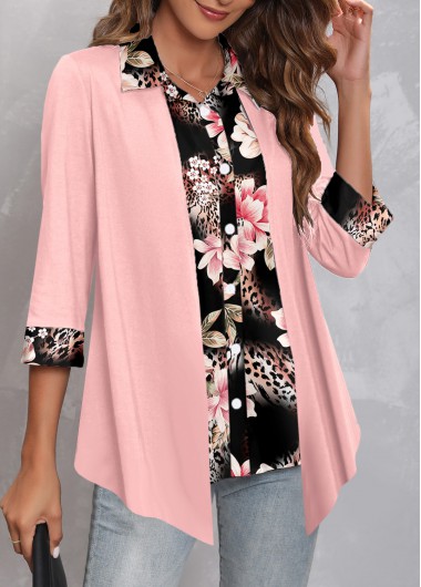 ROTITA Fake 2in1 Floral Print Light Pink Blouse
