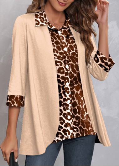 ROTITA Fake 2in1 Leopard Light Camel Shirt Collar Blouse