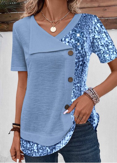 ROTITA Sequin Dusty Blue Asymmetrical Neck Blouse