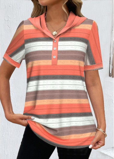 ROTITA Button Striped Orange Hooded Short Sleeve T Shirt