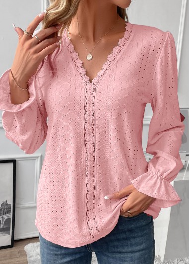 Patchwork Light Pink V Neck T Shirt