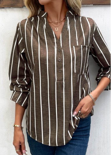 Pocket Striped Dark Coffee Split Neck Blouse