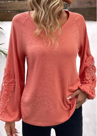 Patchwork Coral Round Neck Long Sleeve T Shirt