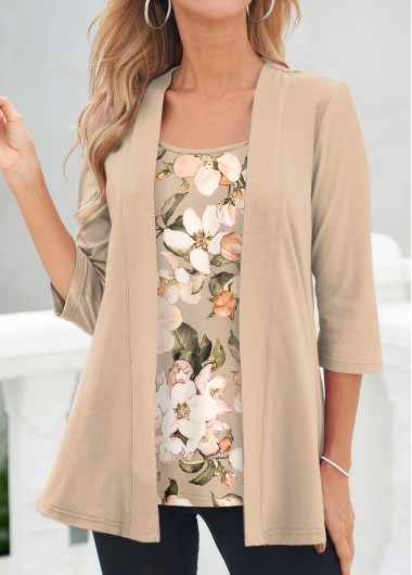 ROTITA Fake 2in1 Floral Print Light Coffee T Shirt