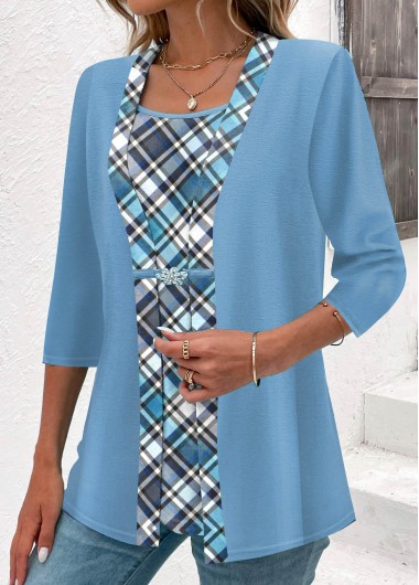 ROTITA Fake 2in1 Plaid Light Blue T Shirt