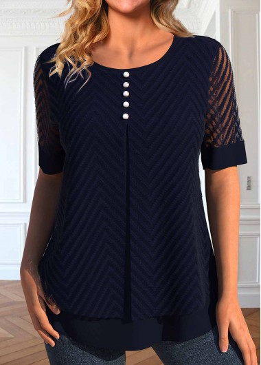 ROTITA Fake 2in1 Navy Round Neck Short Sleeve Blouse