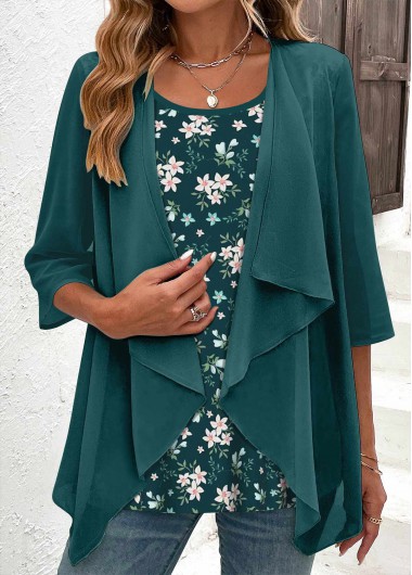 ROTITA Fake 2in1 Floral Print Blackish Green Blouse