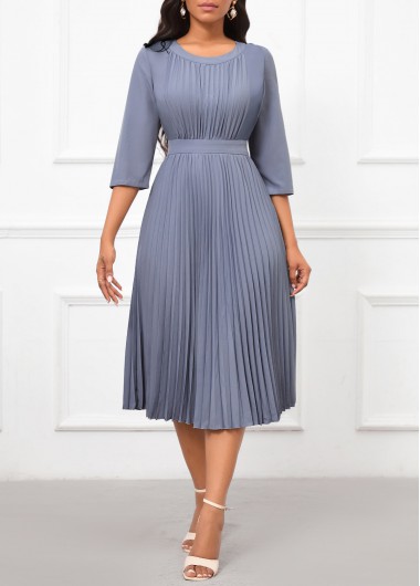ROTITA Pleated Dusty Blue Round Neck Dress