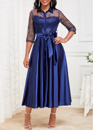 ROTITA Lace Navy Belted Shirt Collar Dress
