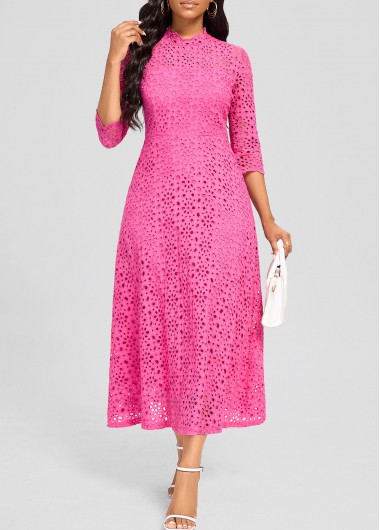 ROTITA Embroidery Hot Pink Round Neck Dress