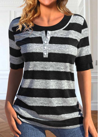 ROTITA Fake 2in1 Striped Black Round Neck T Shirt