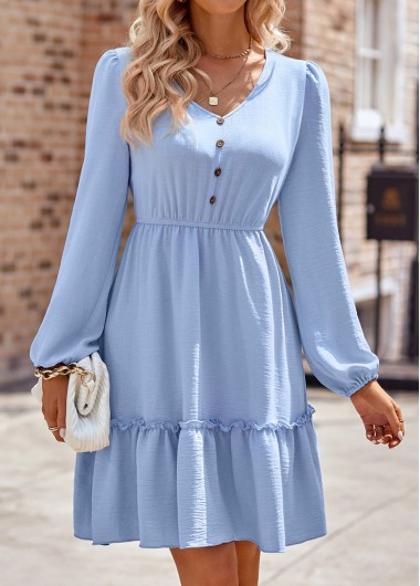 Ruched Light Blue V Neck Dress