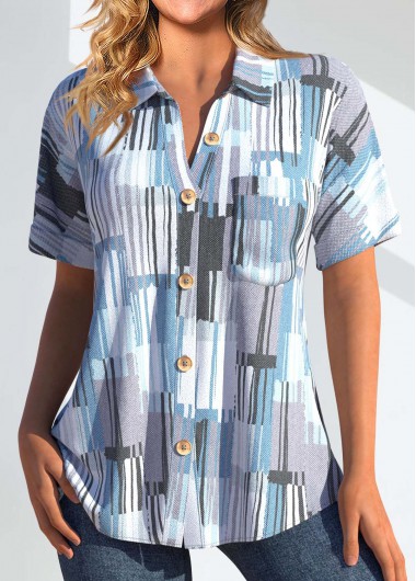 ROTITA Pocket Geometric Print Light Blue Shirt Collar Blouse