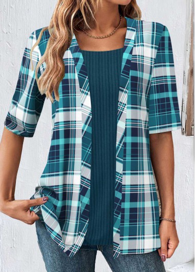 ROTITA Fake 2in1 Plaid Peacock Blue T Shirt
