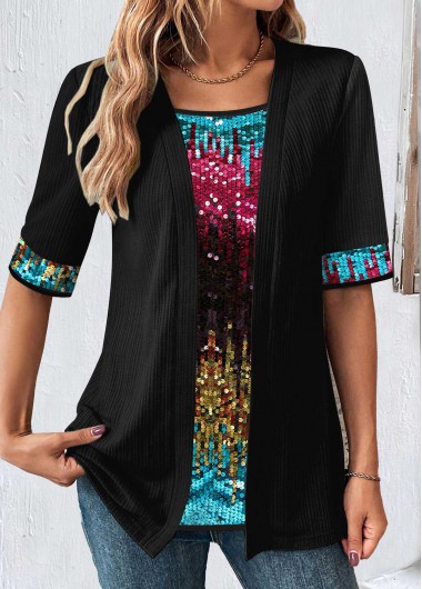 ROTITA Fake 2in1 Black Square Neck T Shirt