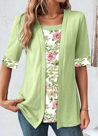 ROTITA Patchwork Floral Print Avocado Green T Shirt