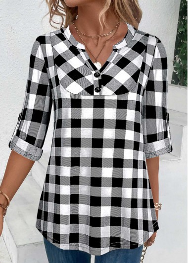 ROTITA Button Plaid Black Split Neck Blouse