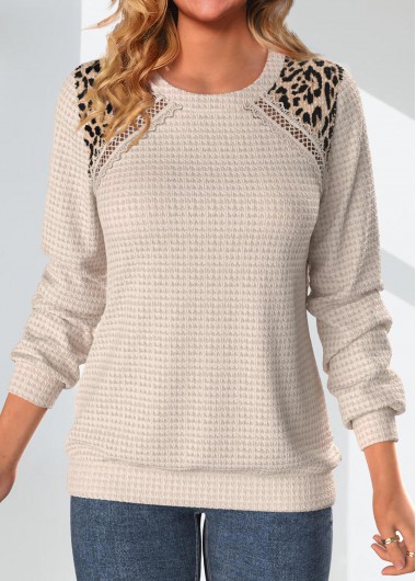 ROTITA Patchwork Leopard Light Camel Round Neck Sweatshirt