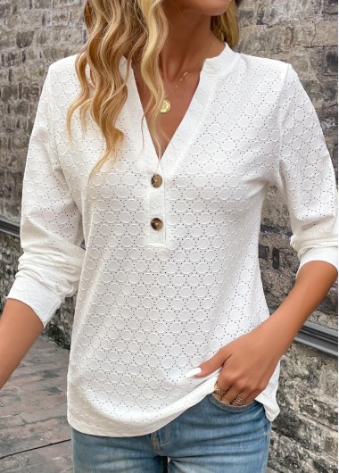 Button White Split Neck Long Sleeve T Shirt