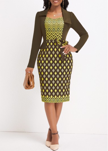 ROTITA Patchwork Argyle Print Olive Green Bodycon Long Sleeve Dress