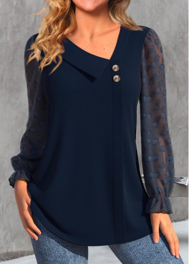 ROTITA Patchwork Navy Asymmetrical Neck Long Sleeve Blouse