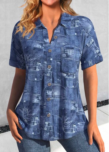 ROTITA Pocket Denim Blue Shirt Collar Short Sleeve Blouse