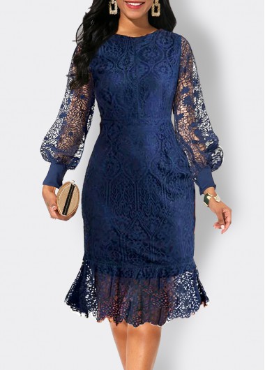 ROTITA Lace Navy Scoop Neck Long Sleeve Bodycon Dress