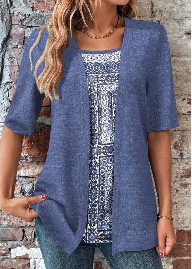 ROTITA Fake 2in1 Tribal Print Dusty Blue T Shirt