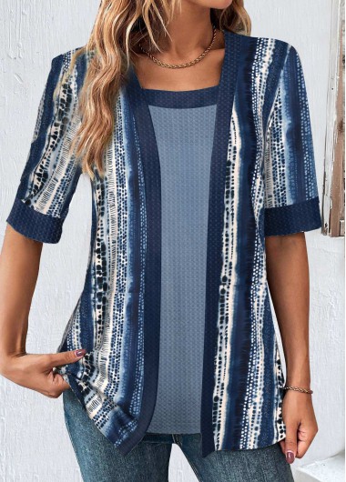 ROTITA Fake 2in1 Geometric Print Navy T Shirt