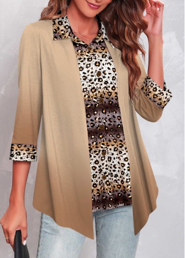 ROTITA Fake 2in1 Leopard Light Camel Shirt Collar Blouse