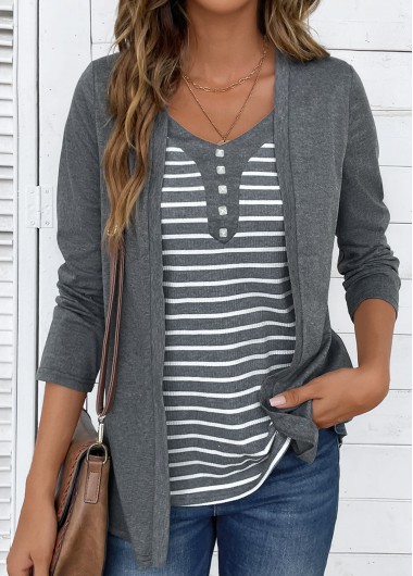 ROTITA Fake 2in1 Striped Dark Grey Marl T Shirt