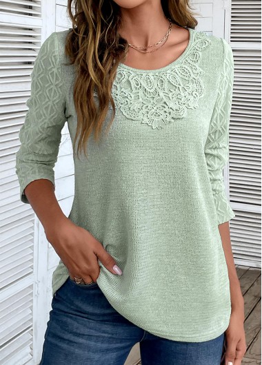 ROTITA Sage Green Round Neck Patchwork Long Sleeve T Shirt