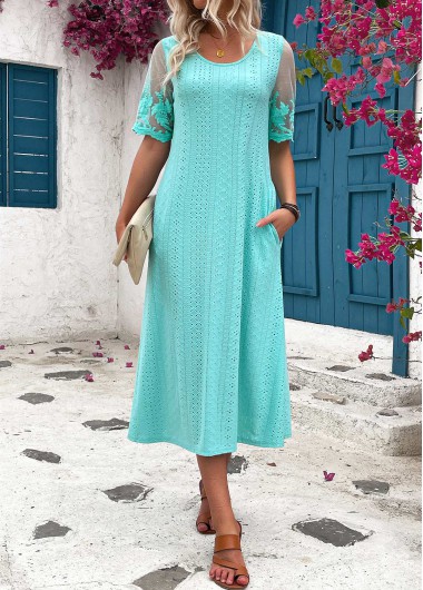 Pocket Cyan A Line Scoop Neck Short Sleeve Dress